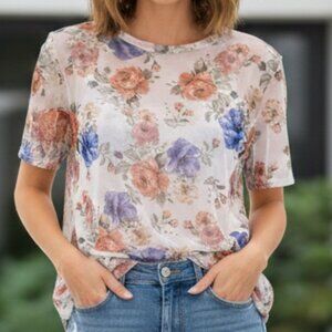 Mind Code Floral Mesh Sheer Top - Cottagecore Y2K Style Size Large